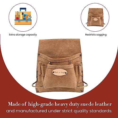 Style n Craft 8-Pocket Carpenter¡¯s Nail and Tool Pouch, Heavy-Duty Suede Leather Tool Pouch, Dark Tan (88823)