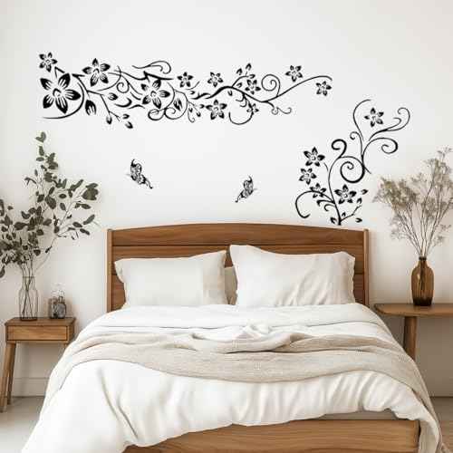 Joyartu Flowers Vine Decals Black Flowers Butterfly Wall Stickers, Diagonal Floral Decals for Living Room TV Background, DIY Home Decor