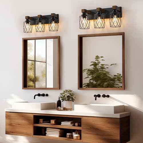 Farmhouse Bathroom Vanity Light, 3-Light Wood Bathroom Light Fixtures Over Mirror, Black Industrial Vanity Lights with Metal Shade, Rustic Bathrooms Lighting for Living Room, Bedroom, Hallway