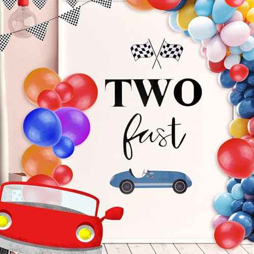 Two Fast Birthday Sticker Sign for Backdrop, Birthday Decorations Race Car Party Decorations for Wall Wood Poster Board Mirror Two Fast Backdrop for Balloon Arch Party Playroom