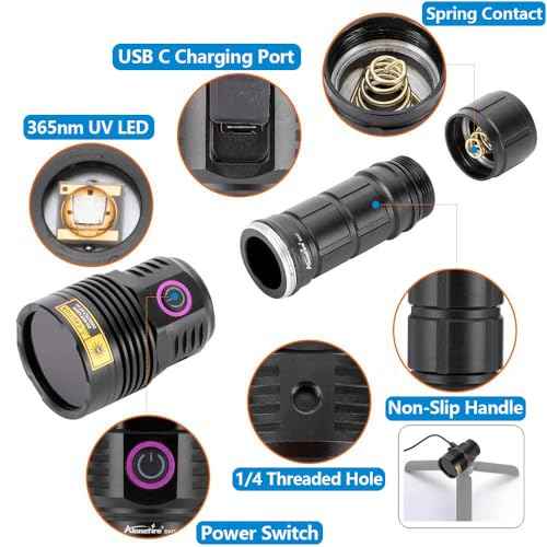 ALONEFIRE SV47 12W 365nm UV Flashlight USB C Rechargeable Long Range Black Light Pet Urine Detector for Resin Curing, Fishing, Scorpion, Minerals, Bed Bugs, Leaks with UV Protective Glasses, Battery
