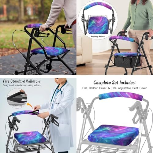 LedBack Blue Purple Walker Accessories 3 Piece Set Rollator Walker Seat and Backrest Covers, Walker Storage Bags Lightweight Rollator Seat Cushion Covers and Organizer Bag