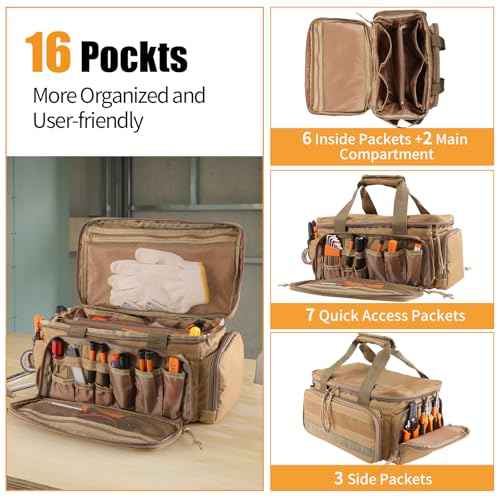16-Inch Tool Bag with 16 Packets,Tools Bag for Men with Anti-friction Bottom,Tactical Range Bag,Electrician Tool Bag Organizer,Mechanics Tool Storage Bag for Repairman,Carpenters,Handyman,Khaki