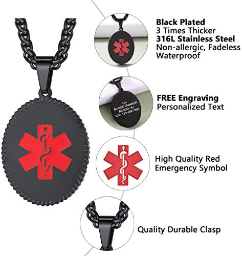 Supcare Medical Alert Necklace for Men Women, Stainless Steel Engraved Medical Emergency Pendant,Customized Medical ID Jewelry(16 Types)