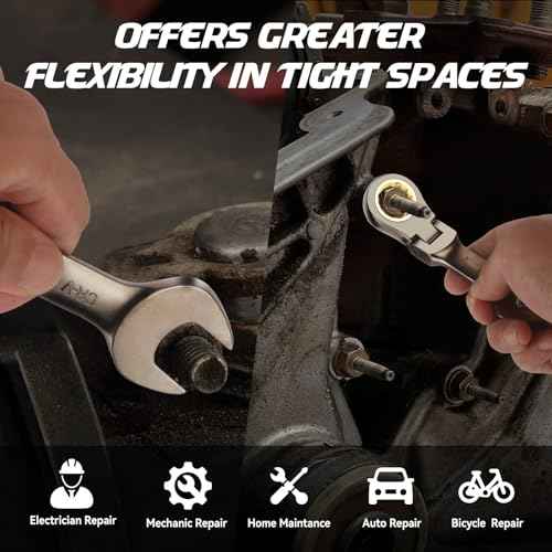 DISEN 9 Pcs 90 Teeth Flex Head Stubby Ratcheting Wrench Set, Metric 8-17 mm, CRV, Nickel Plating Combination Ratchet Wrenches Set with Rolling Pouch