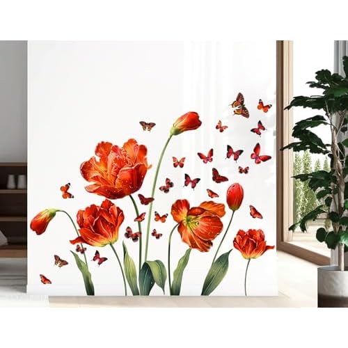 LiveGallery Large Pink Red Flowers Wall Stickers Removable Floral and Butterfly Wall Decal DIY Tulips and Green Leaf Vine Wall Decor for Kids Teens Girls Women Bedroom Nursery Living Room Decoration