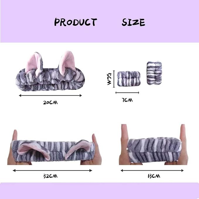Cute Spa Headband and Wristband Set for Women Kawaii Cat Ear Gray Makeup Headband for Washing Face (3PCS, Gray)