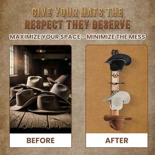 VOYX Cowboy Hat Rack Wall Mount ? Rustic Wooden Board with 4 Western Hooks ? Metal Horseshoe & Star Decor ? Hat Hanger for Entryway, Bedroom, or Ranch ? Includes Screws & Anchors