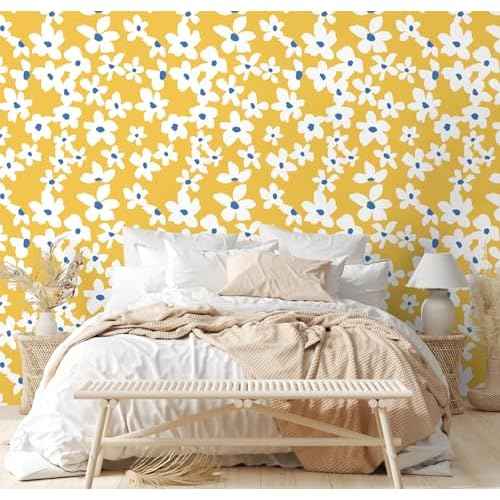 HAOKHOME Yellow Peel and Stick Wallpaper Floral Yellow/White/Blue Removable Wall Paper for Bedroom Bathroom Textured Stick on Contact Paper 17.7in x 9.8ft