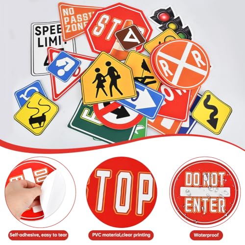 Road Signs Room Decor, 25 Pieces Traffic Sign Wall Stickers, Street Transportation Decals for Kids Bedroom Classroom Playroom Nursery Decoration