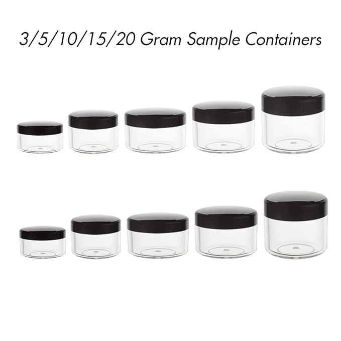 10pcs Small Travel Containers, Black Sample Jars with Screw Lids, 5 Size 3/5/10/15/20 Gram, 12pcs Labels and 2pcs Mini Disposable Spatula, Makeup Sample Containers BPA Free