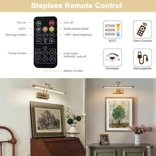 Battery Picture Lights for Wall, Rechargeable Gallery Light Wireless Art Display Lights with Dual-Rods Swing Arm Brass Painting Light with Remote & Timer 3CCT Dimmable Wall Sconces for Portrait 16¡±