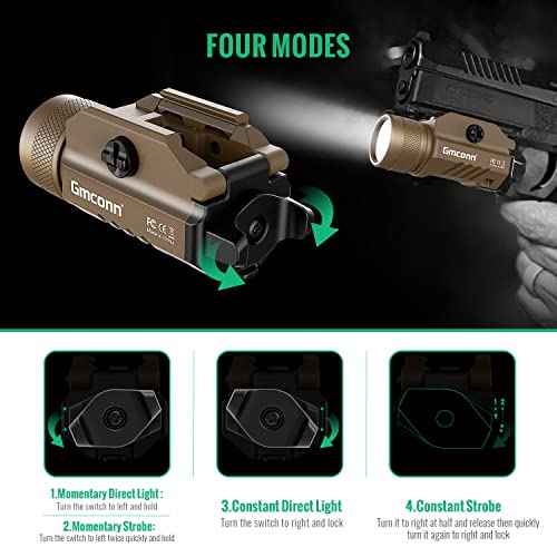 Gmconn 1200 Lumens Rail Mounted Compact Pistol Light LED Strobe Tactical Gun Flashlight Weaponlight for Picatinny MIL-STD-1913 and Glock Pistol Weapon Light with 2 x CR123A Lithium Batteries