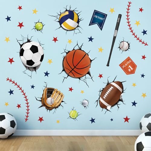 decalmile 3D Sports Balls Wall Decals Basketball Football Soccer Tennis Wall Stickers Boys Bedroom Kids Room Playroom Wall Decor