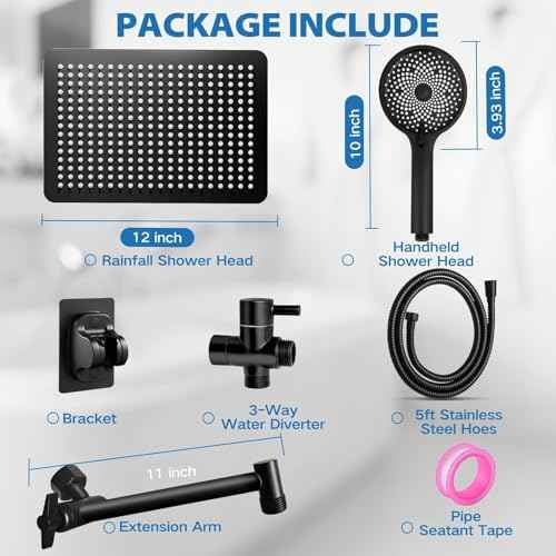 Shower Head,12¡±Rain Shower Head with Handheld Spray Combo with 11'' Angle Adjustable Extension Arm/Flow Regulator/Shower System,High Pressure Rainfall Shower Head Clean Bathroom,Matt Black