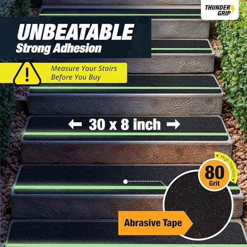 Grip Tape for Stairs 30" x 8" - 15-Pack Glow in the Dark Outdoor Stair Treads Non-Slip Weather Resistant - Anti Slip Tape for Exterior Wooden Steps - Waterproof 80-Grit Adhesive Treads by Thunder Grip