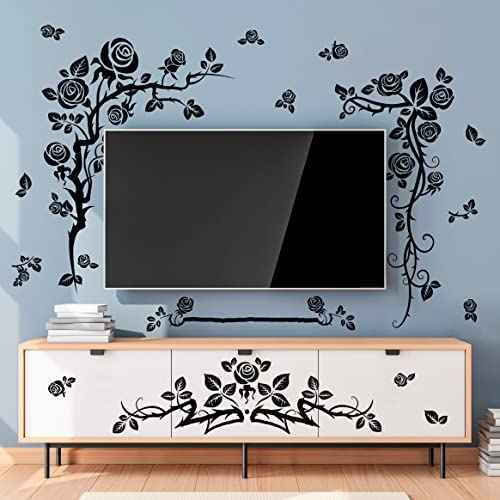 Amaonm Creative 3D Black Vinyl Flowers Wall Stickers - Removable DIY Flower Vine Wall Decals for Roses & Leaves Decor