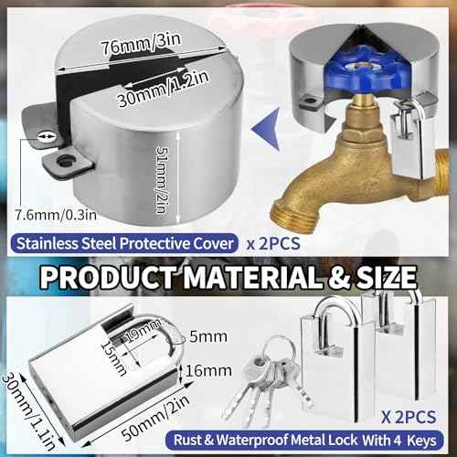 Outdoor Faucet Lock, 2 Pack Water Hose Bib Spigot Lock Stainless Steel Cover & Padlock Kits for 1-1/2 to 3 Inch Dia Valve Handles to Prevent Outside Water Theft and Unauthorized Use