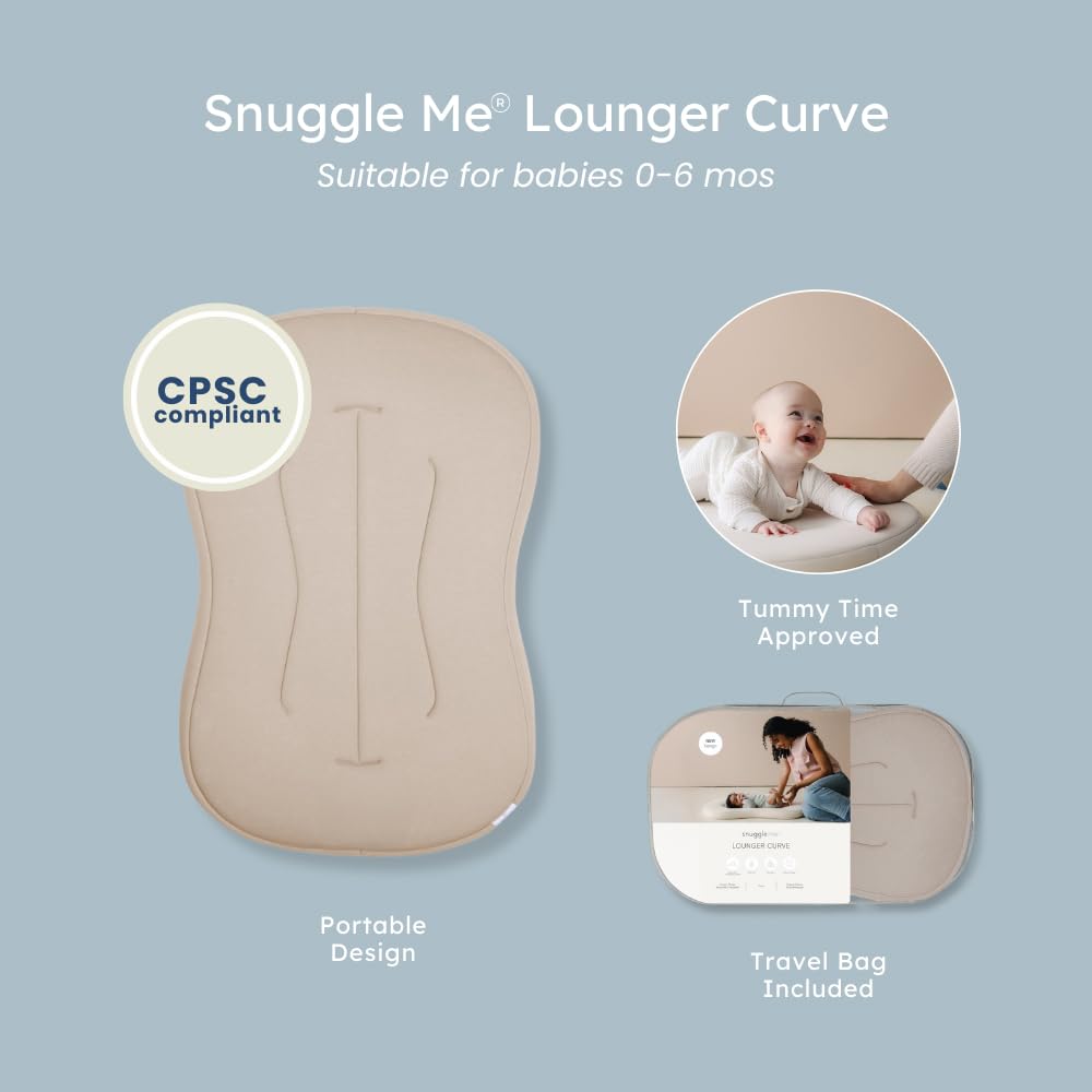 snuggle me® Baby Lounger Curve (0-6 Months) - Premium Organic Cotton with Foam Core, Machine-Washable Cover, Buttery-Soft & Breathable CSPC Compliant Infant Lounger Baby Nest with Travel Bag - Birch