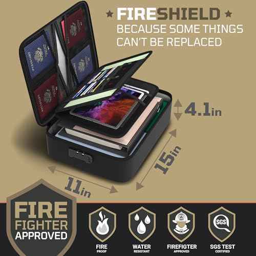 FIRESHIELD PRO 5200¡ÆF Fireproof Document Box with Lock ? Fire Safe Organizer with Laptop, Tablet & Cards Pockets ? Water Resistant, Multi-Pocket Storage for Travel, Home or Office ? 15" x 11" x 4.1"