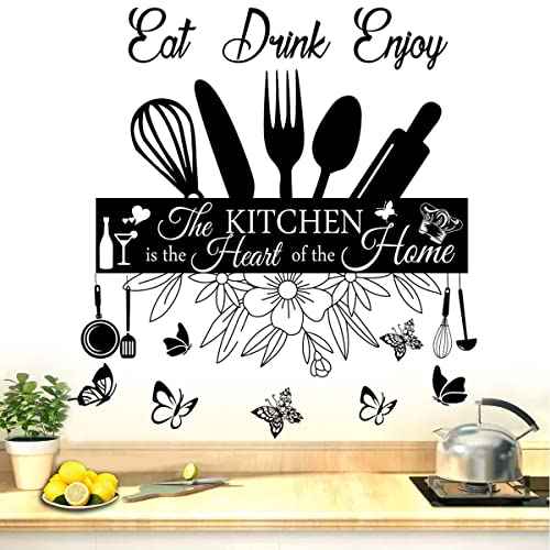 Wall Stickers - The Kitchen Is the Heart of Home Sign Decor, Eat Drink Enjoy Quotes, Removable DIY Vinyl Art for Living Room, Dining Room