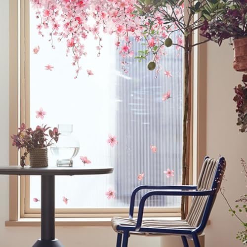 Cherry Blossom Window Clings, Double-Sided Sakura Summer Jungle Window Stickers, Nature-Inspired Glass Decals for Bedroom, Living Room, Kitchen, Office, Home Seasonal Decor