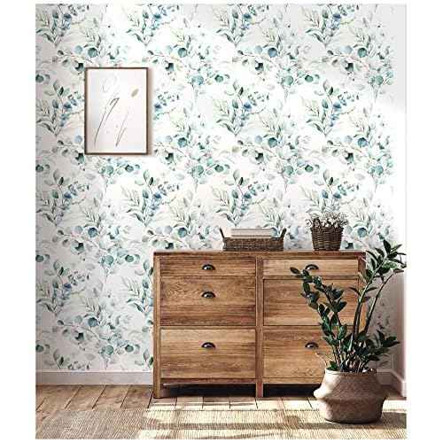 Floralplus Peel and Stick Wallpaper Boho Eucalyptus Leaf Wallpaper for Bathroom Renter Friendly Removable Wallpapers Stick On Contact Paper for Bedroom Home Decor 17.5 x118 in