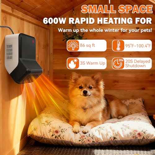 Dog House Heater with Thermostat for Chicken Coop, Small Electric Pet Heater for Outside Dog Cat House, Safe Winter Warmer with PTC Heating, Overheat Protection, Chew-Proof Cord, 95-100.4¡ÆF, 300/600W