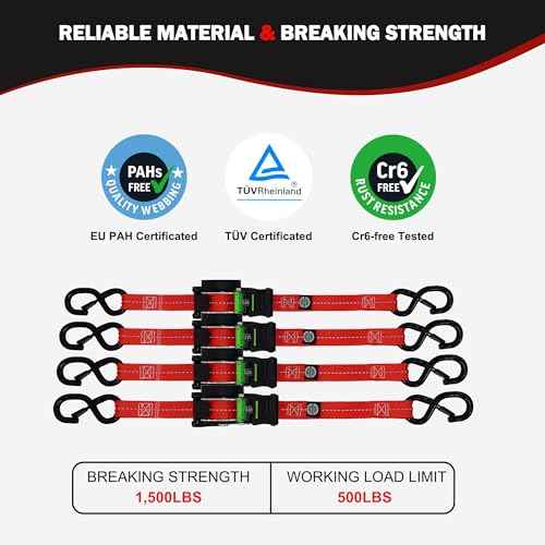 Retractable Ratchet Straps(4PK 1.0INX12FT) - 1,500lb Break Strength, Ratchet Strap Heavy Duty with Rubber Coated Handle, Perfect Auto Ratchet Straps for Motorcycle,Trucks (Red)