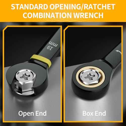 Ratcheting Wrench Set Metric And Standard, 9PC 8-19 mm 72Th Long Big Box Open End Ratchet Wrenches Organizer With Color Ring With Roll Up Pouch With 1 Gauge, Large Combination Wrench Tool Sets