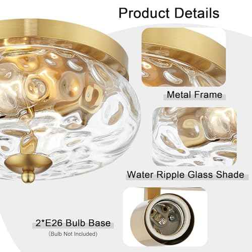 Darkaway Ceiling Light Fixtures Flush Mount Indoor Outdoor Ceiling Light with Water Ripple Glass Shade for Hallway Kitchen Bedroom Porch Living Room Gold Finish