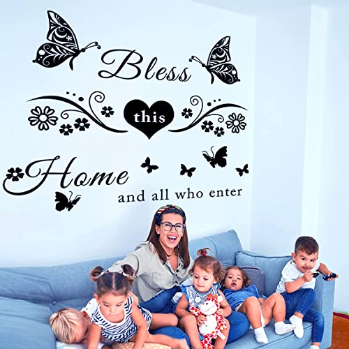 Vinyl Wall Stickers Quotes Art Decal Sticker Bless This Home and All Who Enter Wall Decals Flowers Butterfly Wall Decor Sticker for Entryway Living Room Home Decor
