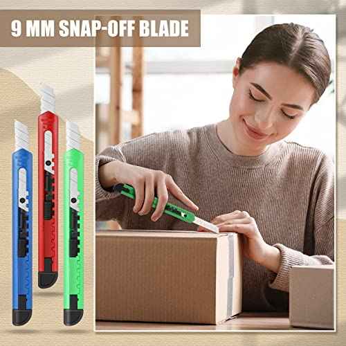 Lasnten 200 Pcs Box Cutter Utility Knife Small Retractable 9mm Wide Snap off Blade Knife Plastic Compact Box Opener with Sliding Lock Tools for Home Office Arts Crafts, 3 Colors