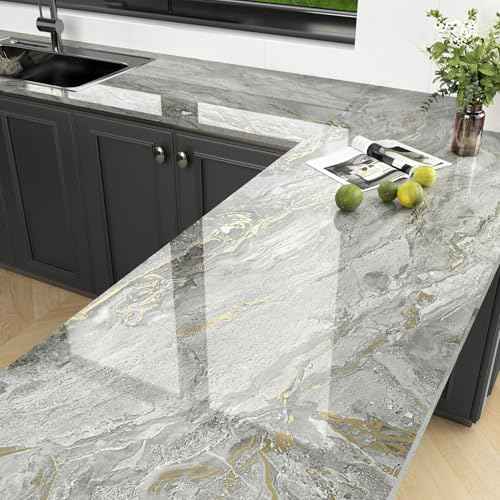 Glossy Grey/Gold Marble Contact Paper Peel and Stick Countertops Gray Peel and Stick Wallpaper for Kitchen Backsplash Faux Marble Wall Paper Self Adhesive Vinyl Granite Wallpapers for Table Cabinets