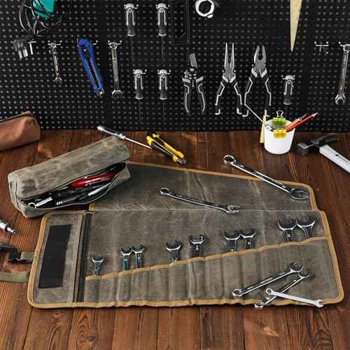 Canvas Tool Roll, Heavy Duty 16oz Waxed Canvas Wrench Roll - with Regular Tool Slots + 2 Zippered Pockets - Army Green, Portable Roll Up Wrench Organizer for Craftsman Contractor Repairman Gardener