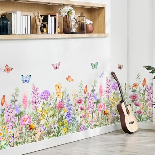 Floral Plants Grass Wall Stickers Colorful Butterfly Flower Wall Decals Wildflower Garden Wall Murals Peel and Stick Girls Bedroom Classroom Vinyl Wall Decals MS3167