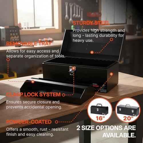 Black Canyon 16 Inch Tool Box, Metal Tool Box, Carbon Steel, Portable&Padlockable, 4 Non-Slip Foot Pads, Ideal for Trailer, Mechanic, DIY-ers, Car Toolbox, Workshops, Garages, Repair Shops