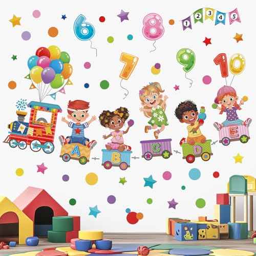 wondever Reading Corner Kids Train Wall Stickers Balloon Number Alphabet Peel and Stick Wall Art Decals for Toddlers Kids Room Classroom Playroom