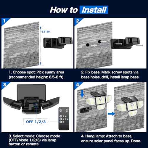 3000LM Outdoor Solar Light - Upgrade 4 Heads 188 LED Solar Motion Sensor Outdoor Lights, IP65 Waterproof Powered Light for Home Darkroom Backyard, 4 Pack