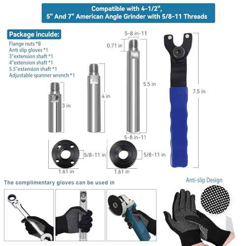Angle Grinder Extension Shaft Rod,14pcs Angle Grinder Attachments with 5/8"-11 Thread,Grinder Power Tools Include Grinder Extension Shaft,Grinder Flange Nut,Adjustable Grinder Wrench and Gloves