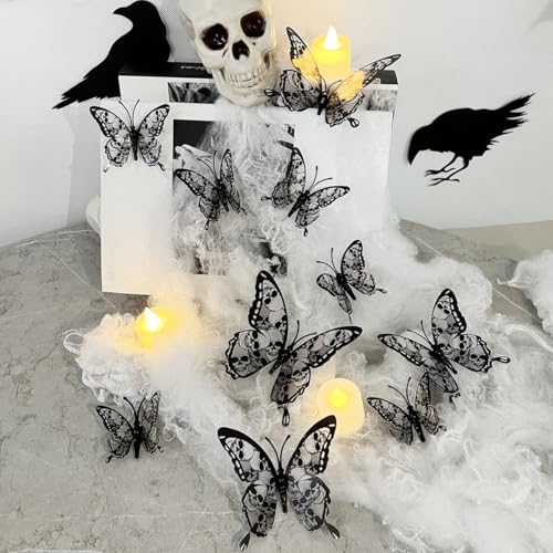 12Pcs Halloween Wall Decor 3D Self-Adhesive Skull Butterfly Wall Stickers Double Layer Black Skeleton Butterflies Designs Gothic Wall Decorations for Indoor Outdoor Halloween Party Atmosphere Supplies