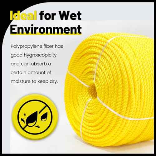 Polypropylene Rope 3/8 inch 500ft, All Purpose Yellow Rope, Floating Line, Camping, Flag Pole, Indoor & Outdoor, High Visibility, Lightweight