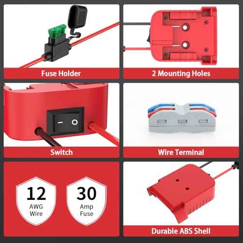 for Power Wheel Adapter Compatible with Milwaukee 18V Battery, Converter Kit with Built-in Switch, Fuse Holder, Wire Terminal, 12AWG Wire for DIY RC Cars (1-Pack)