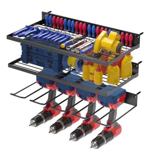 3 Pack Power Tool Organizer Wall Mount, Garage Wall Organizer, Heavy Duty Iron Garage Storage Rack with 4 Drill Holders, Hooks, Screwdriver & Tool Battery Holder for Shed, Basement