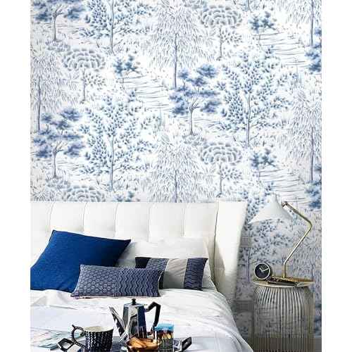 Timeet Peel and Stick Wallpaper White and Blue Wall Paper Removable Self Adhesive Wallpaper Tree Contact Paper for Bedroom Bathroom Walls Covering Vinyl Roll 17 inx78.7 in