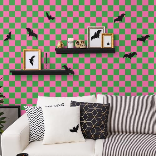 Pink Green Checkered Peel and Stick Wallpaper 70s Retro Funky Checkered Contact Paper Geometric Waterproof Wallpaper Neutral Checkerboard Decor for Bathroom Cabinet(9.8' x 15.75'')