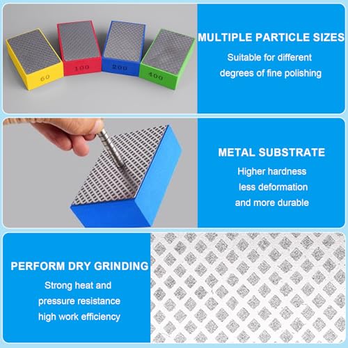 4Pcs Diamond Sanding Pads Diamond Hand Polishing Pads, Tile Sanding Block with High-Density Sponge for Ceramic Tile Glass Stone Marble Granite Metal Grinding (60#,100#,200#,400#)