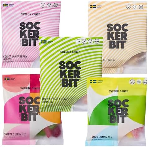 Sockerbit Swedish Candy Variety Pack, 5 Bags, Sweet & Sour Gummy Candy Mixes, Foamy Strawberry Dream, Sour Cherry Cola Bottles & Fruity Hearts, Vegan Options & Non GMO, 2.82oz Each Bag