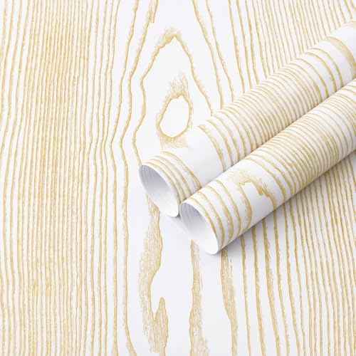 Heroad Peel and Stick Wallpaper Wood Contact Paper Gold and White Wood Grain Contact Paper for Cabinets Countertops Waterproof Self Adhesive, White with Gold Shimmer 78.7¡±x17.5¡±