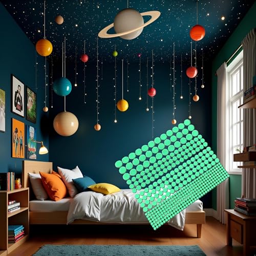 1 Sheet 407 Pcs Green Glow in The Dark Wall Stickers Adhesive Dots Luminous Ceiling Decals for Kids Bedroom Halloween Home Decoration Removable Glow in Dark Dots Wall Decals Stickers Room Decor Kit